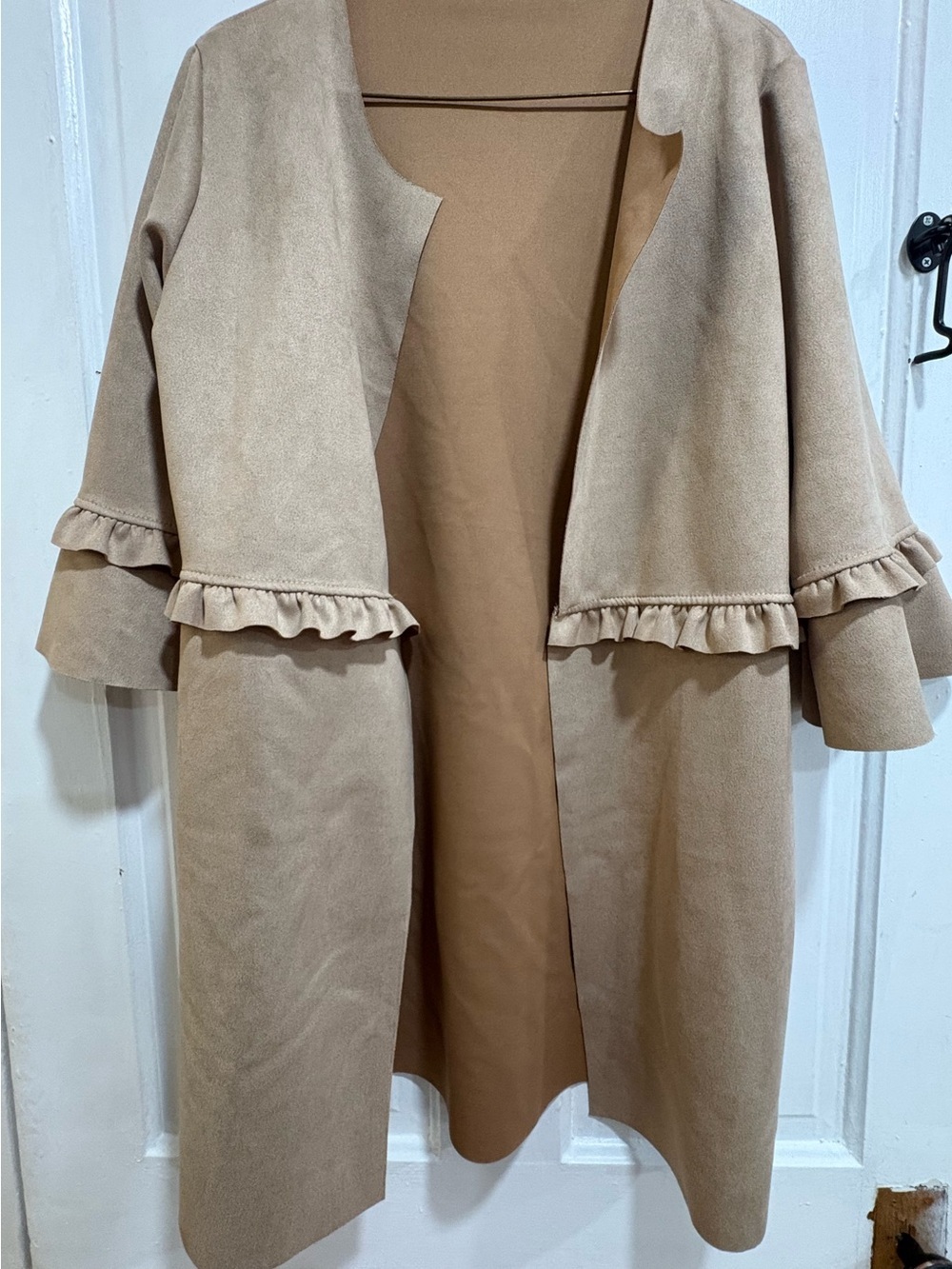 Ruffled Open Front Faux Suede Coat in Camel Made in Italy